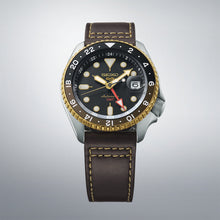 Load image into Gallery viewer, seiko 5 sports skx gmt black &amp; gold bezel with a black dial
