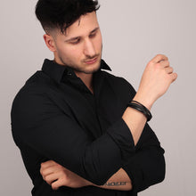 Load image into Gallery viewer, sector bandy bracelet ip black &amp; black leather strap 22cm
