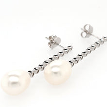 Load image into Gallery viewer, silver teardrop freshwater pearl and cz set bar drop stud�earrings 9mm
