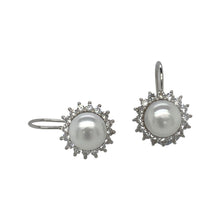 Load image into Gallery viewer, silver halo lever back earrings with freshwater pearl and cz

