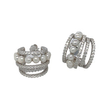 Load image into Gallery viewer, silver push back 5 row earrings with freshwater pearls and cz
