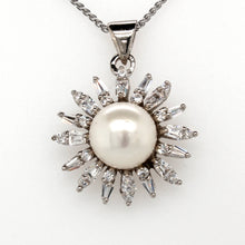 Load image into Gallery viewer, silver pearl-cz sun burst cluster earwire earrings &amp; pendant set 8mm-9mm�on 45cm chain   a
